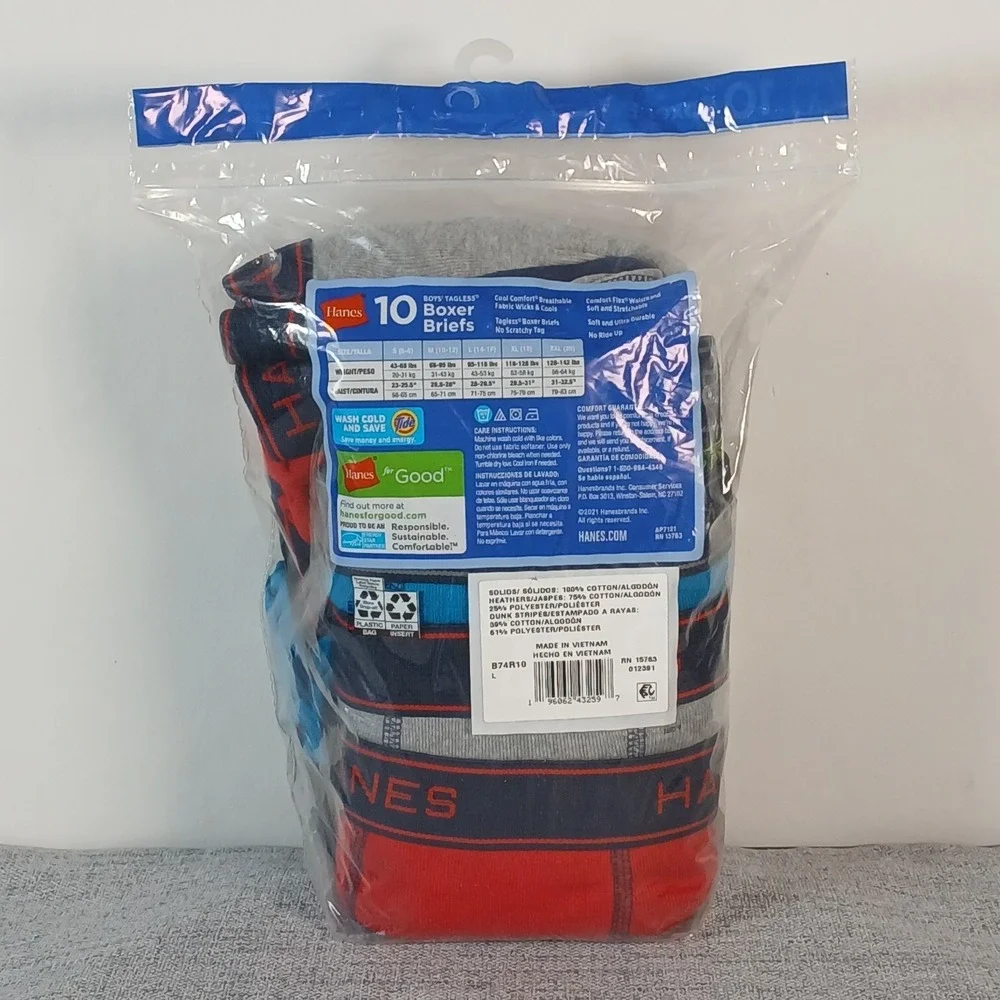 Hanes Large Boys Underwear Boxer Briefs Tagless Cool‎ Comfort Flex 10 Pack